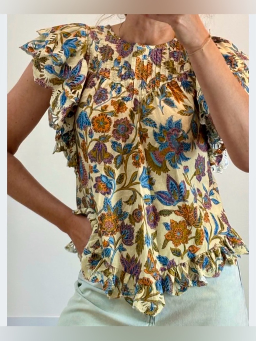 Love the Label Floral Ruffle Sleeve Boho Blouse Cotton Embroidered Size Small